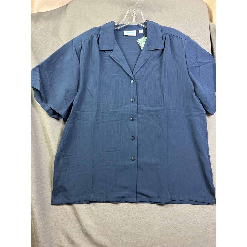 National Womens XL Blue Textured Short Sleeve Button Up Camp Collar Top NWT